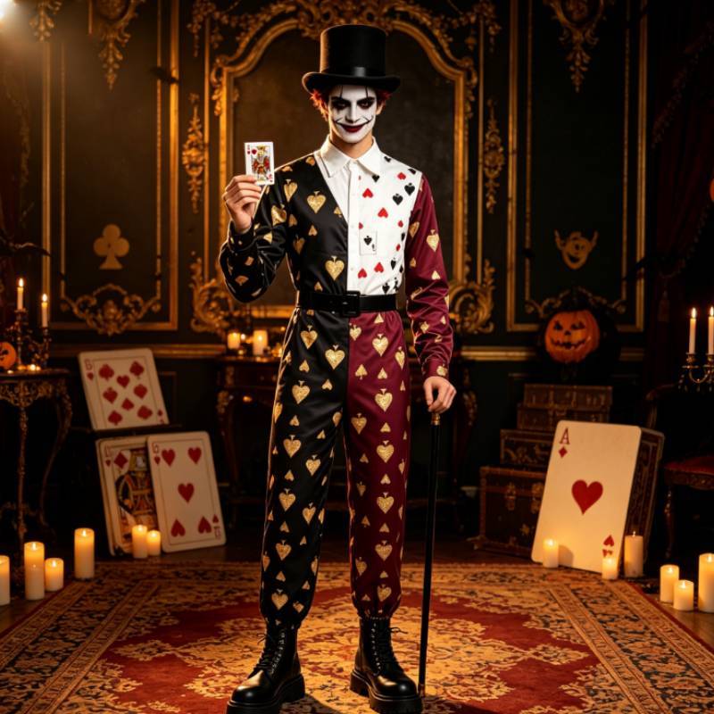 Halloweenový temný cirkusový klaunský overal s potiskem pokerových karet pro cosplay a kostýmovou párty