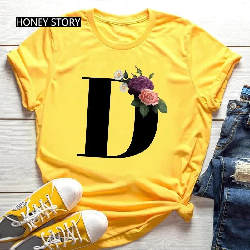 Women's Summer Short Sleeve T-Shirts Fashionable Casual Round Neck 26 English Letters Flower & Name Letter Printed Cotton T-shirts