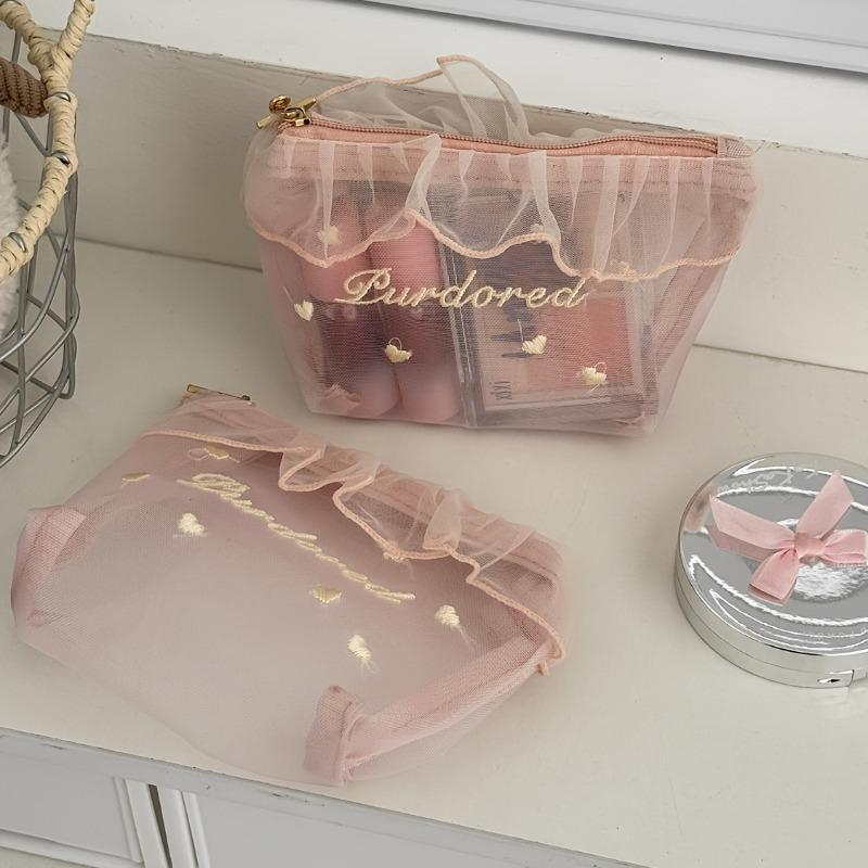 Cute Ruffle Love Embroidery Mesh Makeup Bag, Lightweight Portable Travel Cosmetic Storage Pouch
