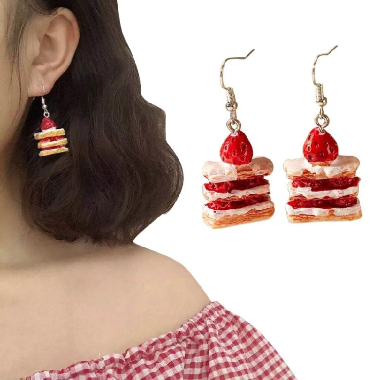 Stylish Strawberry Cake Earrings for Ladies Handmade Fun Food Eardrop Jewelry