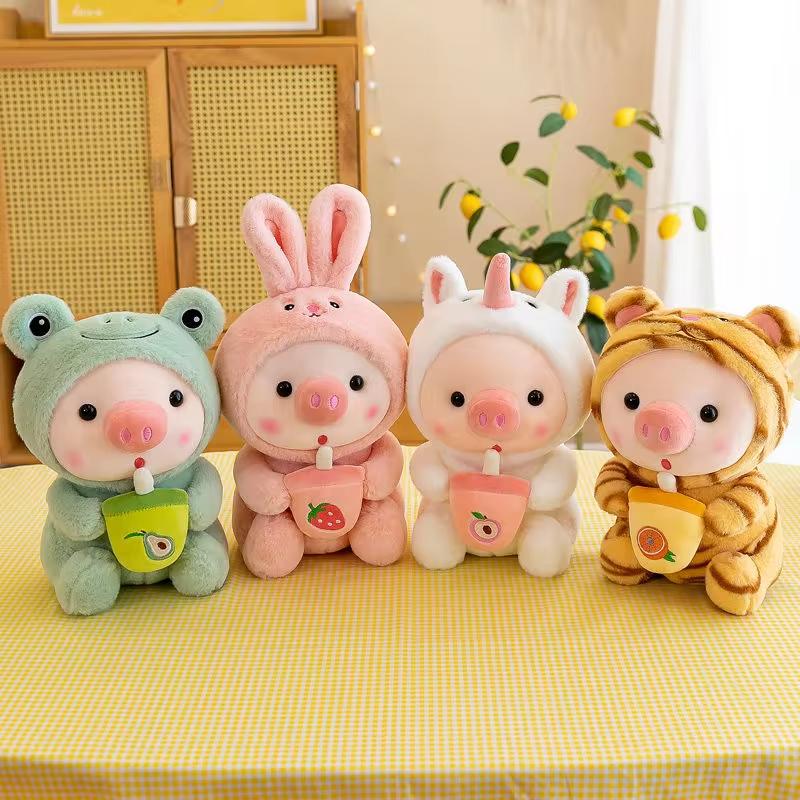 25cm Kawaii Bubble Pig Plush Toy Stuffed Animal Bunny Frog Tiger Soft Pillow Cup Milk Tea Boba Plushies Doll Kids Birthday Gifts