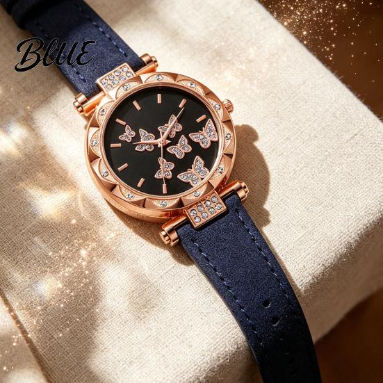Ladies Watch Butterfly Artificial Leather Strap Quartz Rhinestone Casual Women