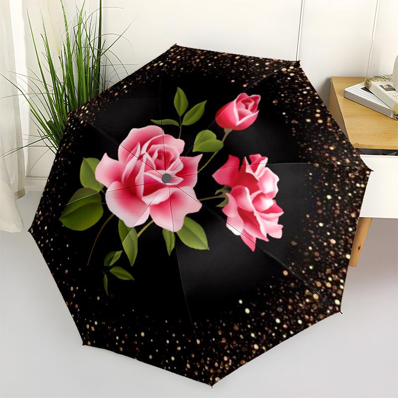 1pc Pink Roses, Glitter Background, Floral Design Umbrella with Plastic Handle,Compact & Stylish,Suitable for All Seasons YS331032