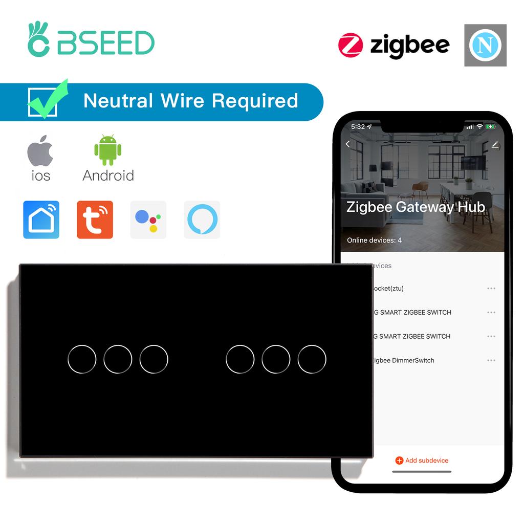 BSEED 1/2/3Gang Zigbee Wall Touch Switches Plus EU Sockets Double Triple Light Switches Tuya Smart Life App Neutral Required