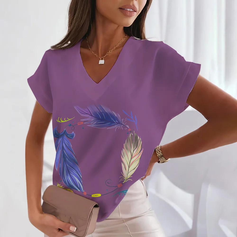 

Женская новая футболка с V-образным вырезом, летняя, весенняя, дышащая, гладкая, однотонная, модная, повседневная, с большим принтом перьев Y2K, популярная, для девочек 6XL