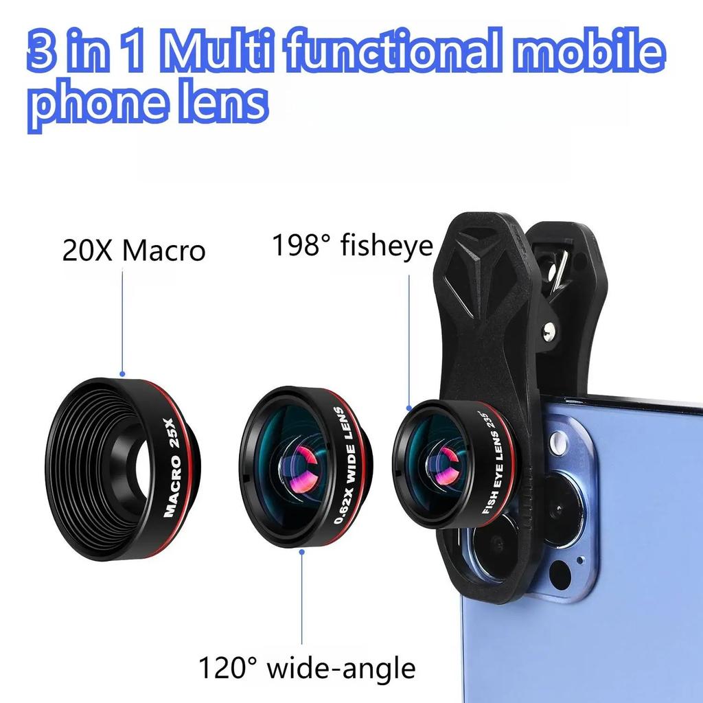 Universal 3-in-1 Phone Camera Lens Kit: Fisheye, 0.62x Wide Angle 25x Macro For Iphone 12/11/ Android Smartphone