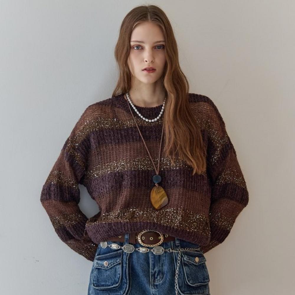 

Maxza Sequin Mix Stripe Loose Fit Boucle Knit Ze11qk004na Braun/FREE