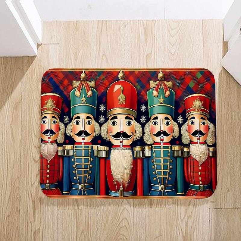 German Nutcracker Soldier Doormat Golden Trim Rug, Plush Machine Washable Small Door Carpet for Traditional Christmas Decor