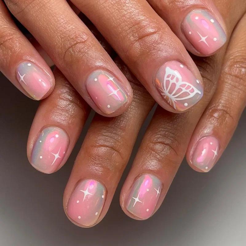 24Pcs Simple False Nails with Glue Short Almond Fake Nails Glitter Aurora Round Head Full Cover Nail Tips Oval Press on Nails