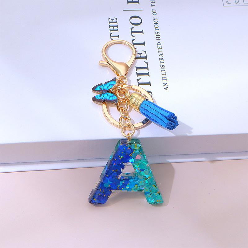 

1PC Lettering Keychain for Backpack Charm Key Holder Keyring With Tassel Butterfly Cute Gradient Resin Blue Sequin A синий