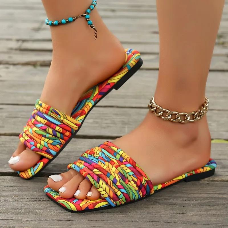 Fashion 2025 Summer New Open Toe Women's Slippers Mixed Colors Outdoor Low Heel Sandals Plus Size Daily Casual Beach Slippers Zapatos