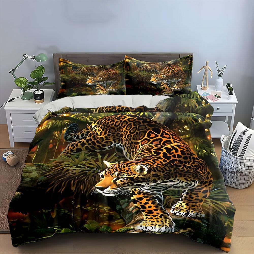 Leopard Jungle Print Decor Set Soft Comfortable Duvet Cover Bedding Set Included 1*Duvet Cover & 2*Pillowcases, Gift