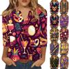 Women's Carnival Printed Fashionable Casual V-neck Button Seven Inch Sleeve T-shirt Top