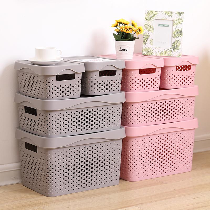 Hollow Plastic Storage Basket with Lid - Desktop Organizer & Wardrobe Bin