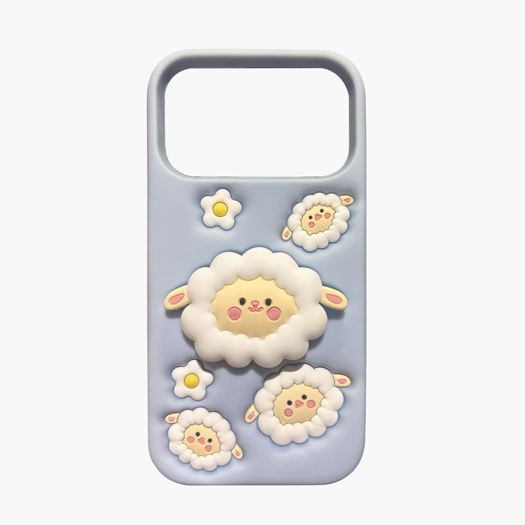 For iPhone 13 14 15 16 17 Pro Max Cute Cartoon 3D Sheep Soft Silicone Case Phone Back Cover Bracket