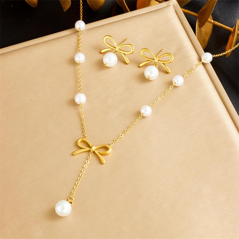 316L Stainless Steel Pearl Bowknot Chain Tassel Necklace Earrings Set For Women Lady Fashion New Jewelry Party Wedding Gifts