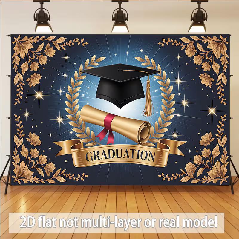 Elegant Graduation Backdrop, Regal Blue and Gold Design with Cap, Diploma and Laurels, Festive Commencement Wall Decor
