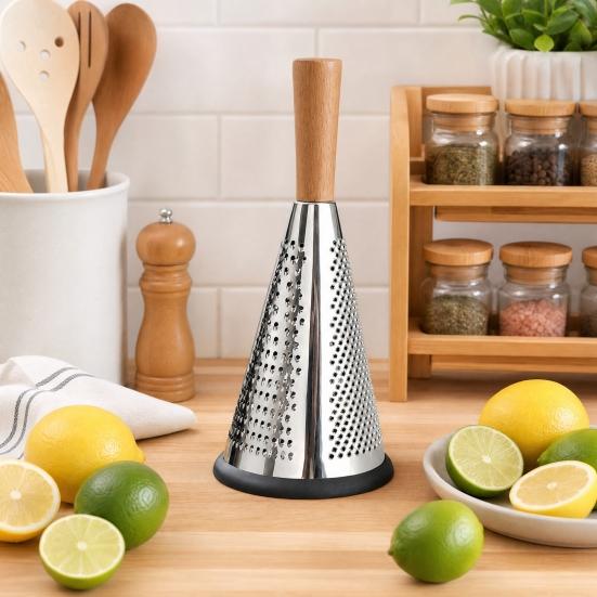 Vertical Cone Cheese Grater, Food Grade Stainless Steel Shredder for Parmesan, Wood Handle Vegetable Fruit Planer