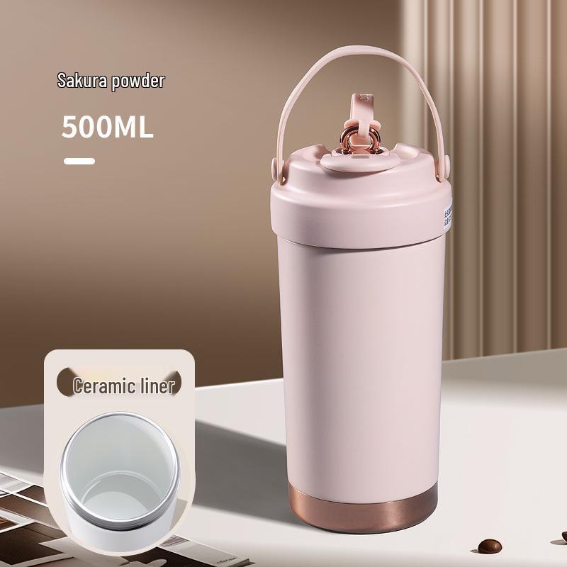 Premium Ceramic Coffee Cup with Straw - Insulated Double Wall Design for Men & Women, Cold/Heat Retention, Engraved Handle.