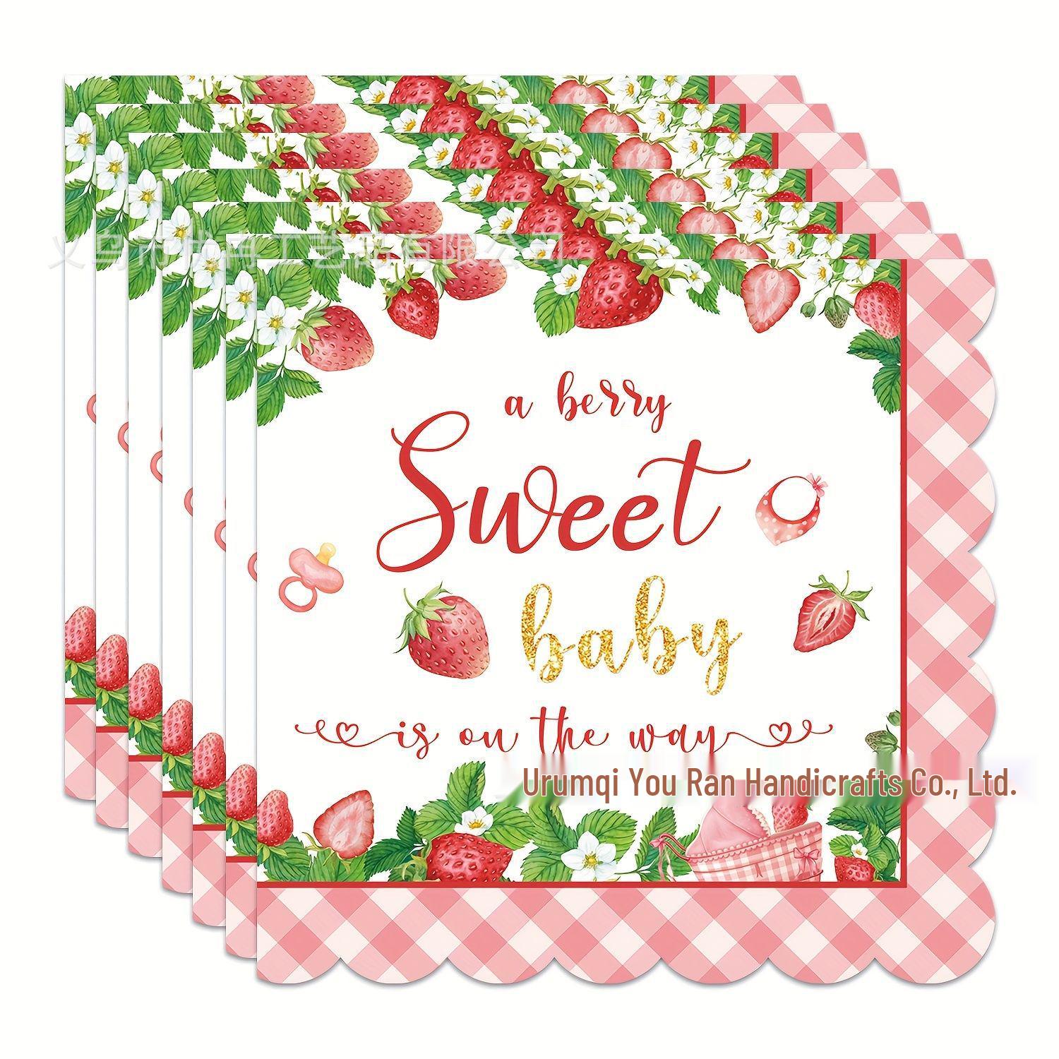 Sweetheart Strawberry Baby Party Set: Disposable Plates, Tablecloth, Napkins, Decorations.