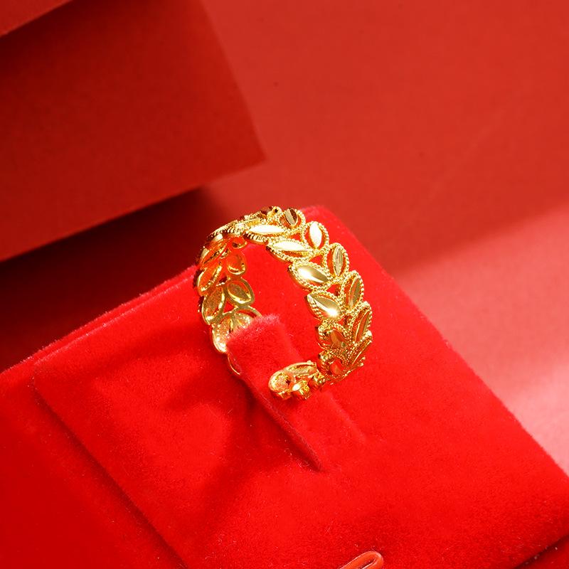Gold-Plated Wheat Ear Buckle Bracelet & Double Layer Leaf Open Ring for Women