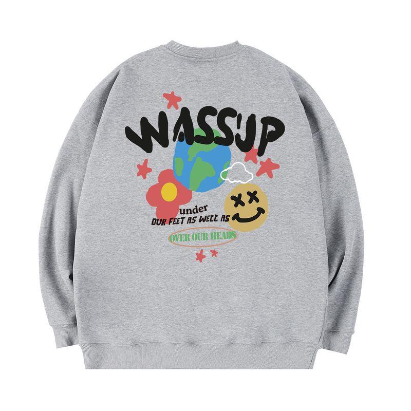 Wassup Heods Fleece-Lined Crewneck Sweatshirt for Men, Trendy American High Street Style, Loose Fit Top, Heavyweight Autumn and Winter Couple Wear
