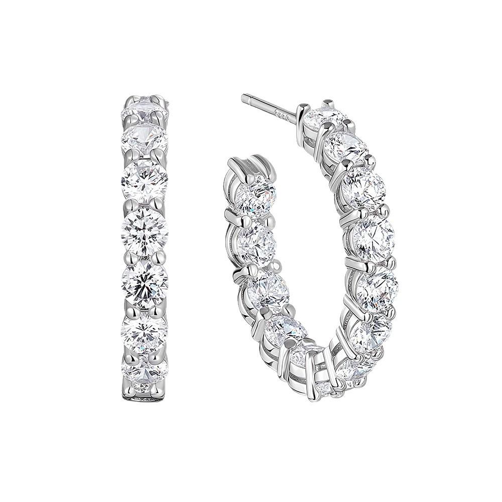 S925 Silver C-Shaped Stud Earrings: Shiny Pave-Set Fashion Luxury Round Hoops