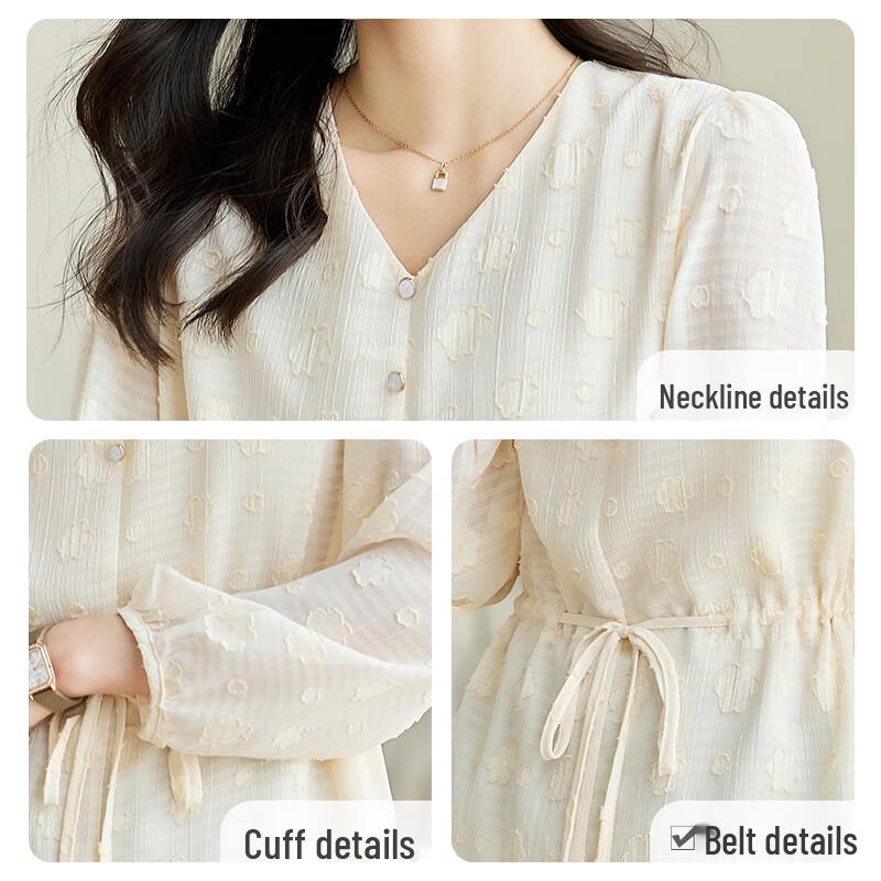 Women's French Style V-Neck Puff Sleeve Tie-Waist Blouse