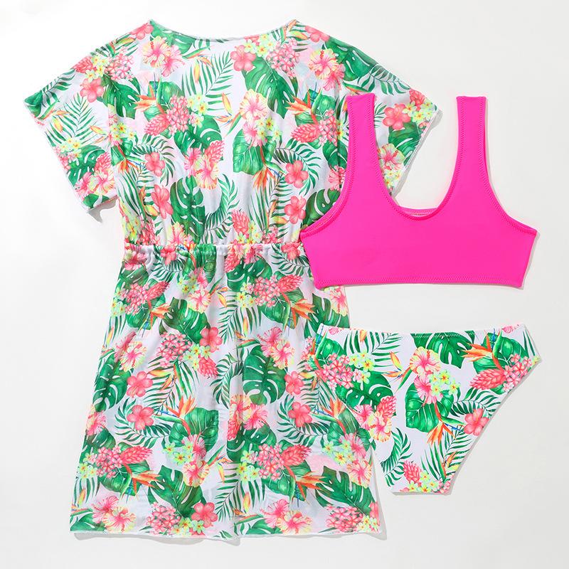 Tween Girls' Fashion 3 Pieces Floral Printed Swimwear Set Solid Tank Top Briefs and Short Sleeves Lace Up Cover-Up Swimsuit Children's Bathing Suit