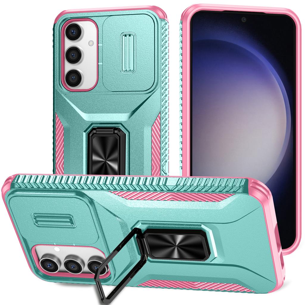 For Samsung Galaxy S23 FE Kickstand Case TPU+PC Phone Protector with Slide Lens Cover