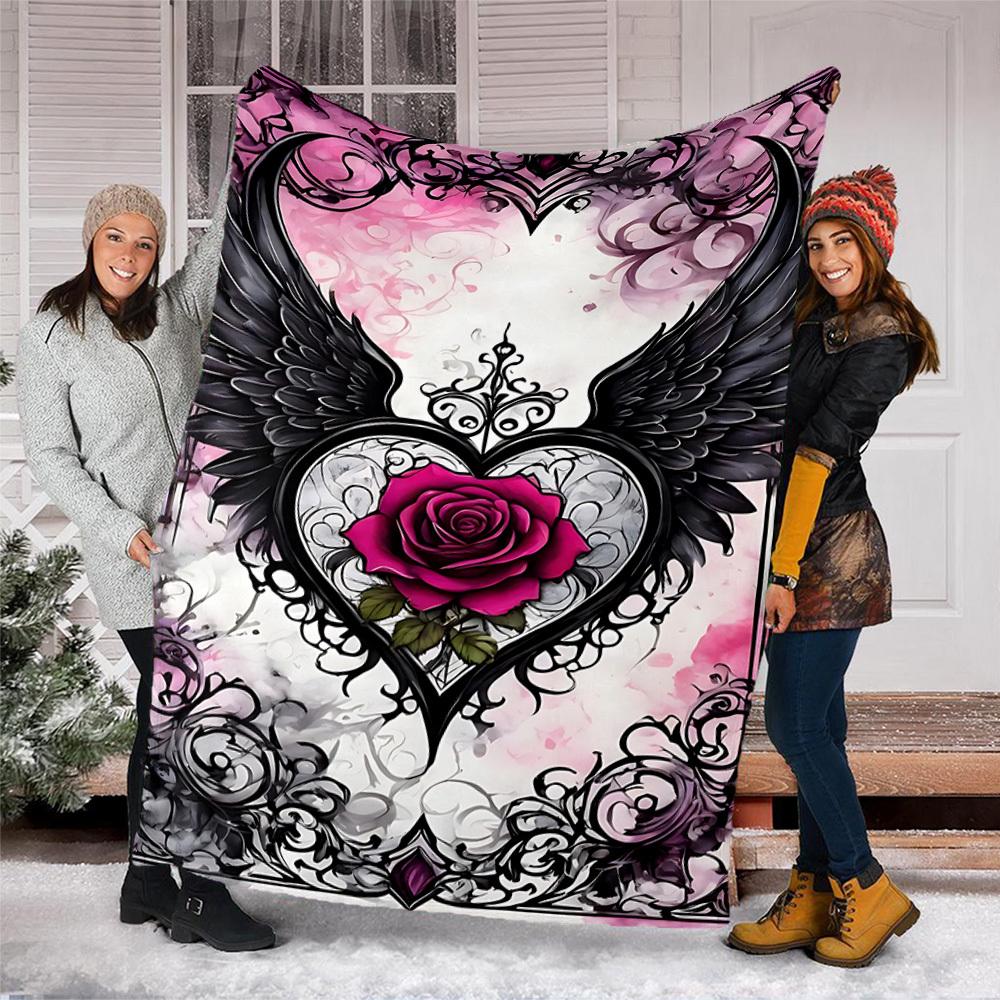1pc Heart Wings Rose Outdoor Flannel Blanket Soft All Season Polyester Throw , Perfect for Picnics & Travel , Picnic Accessory