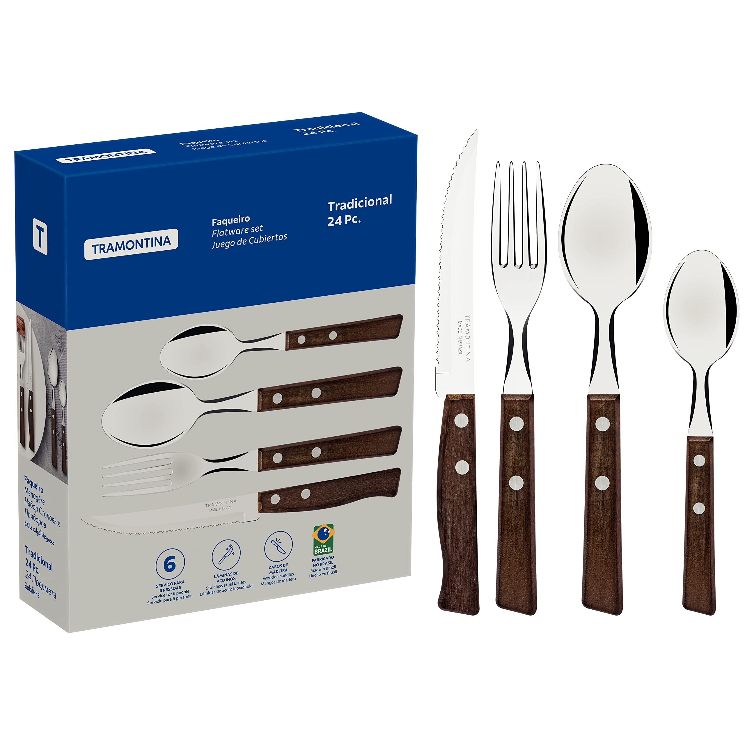

Tramontina Wooden Tableware Natural Made in Traditional 24-Piece Set, Lightweight, Wood, Brazil, Design, 22299/050