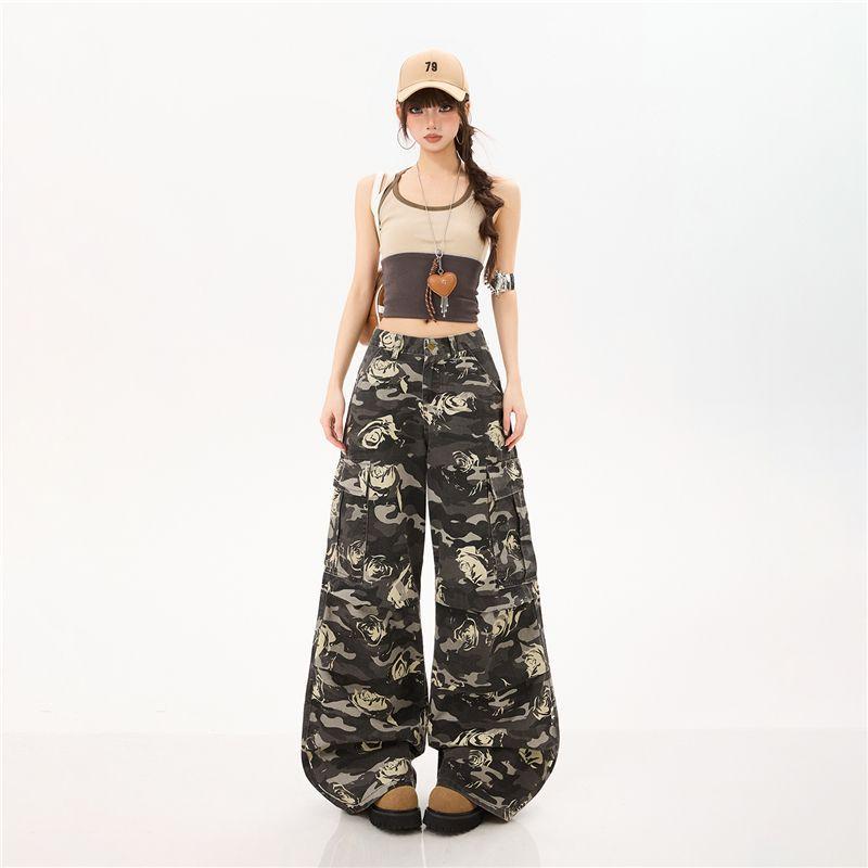 Spring Summer Pure Cotton Unique Print Relax Wide Leg Casual Cargo Denim Pants For Ladies Casual Pants Oversize Denim Trousers