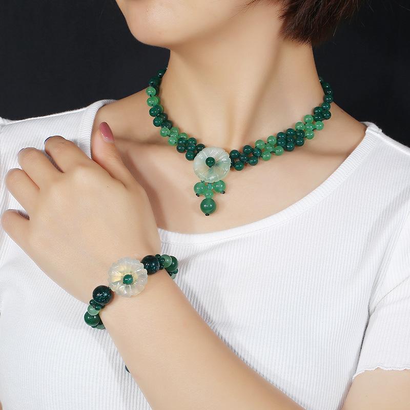 Retro Agate Glazed Short Collarbone Necklace Neck Chain Women's Versatile Jade Flower Bracelet Set Jewelry