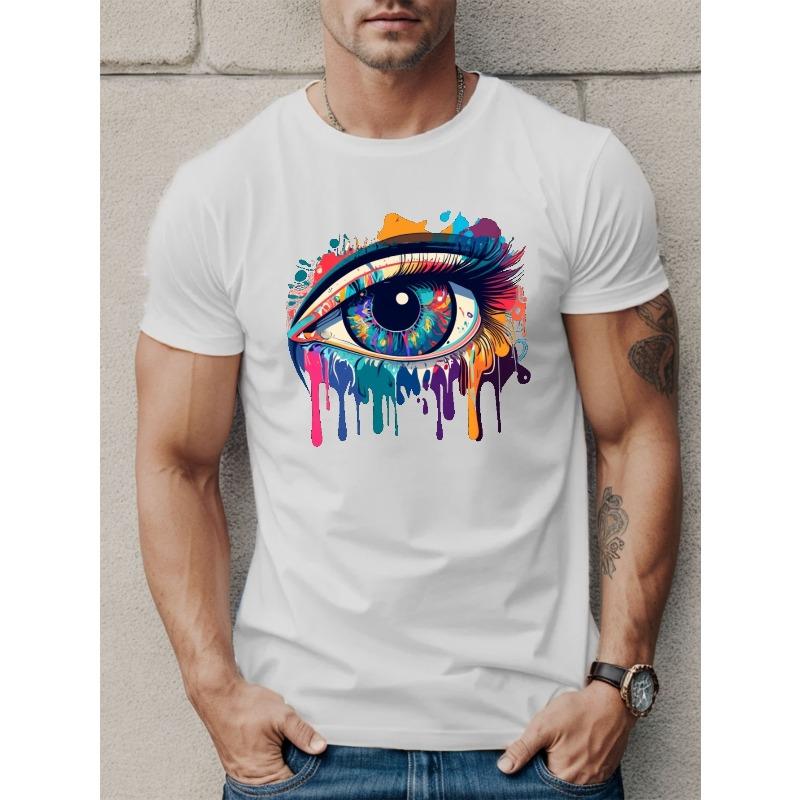 European Size Eye Print Tees For Men, Casual Crew Neck Short Sleeve T-Shirt, Comfortable Breathable T-shirt For Summer