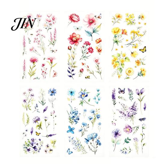 Nature Themed Stickers 6 Sheets/Set Natural Flower Scrapbook Stickers, Waterproof PVC Floral Plants Decals, Botanical Art Transparent Decorative