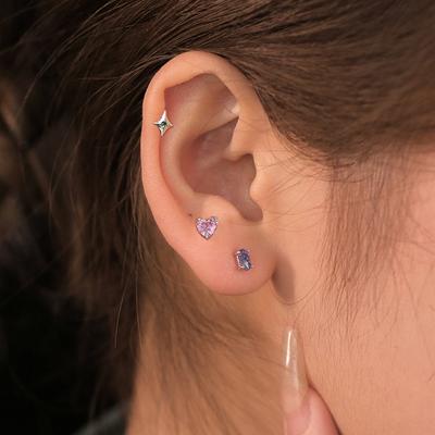 S925 Silver Plated Stud Ear Bone Stud Purple Diamond Green Zircon Four-pointed Star Earrings Female Pink Diamond Heart Screw Stud Ear