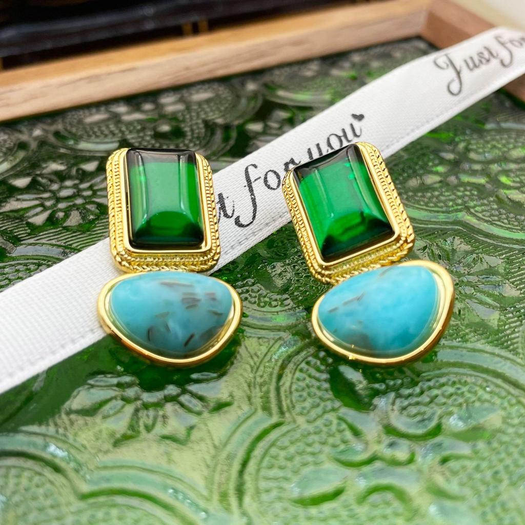 Sterling Silver Geometric Emerald Stone Earrings - European & American Retro Design