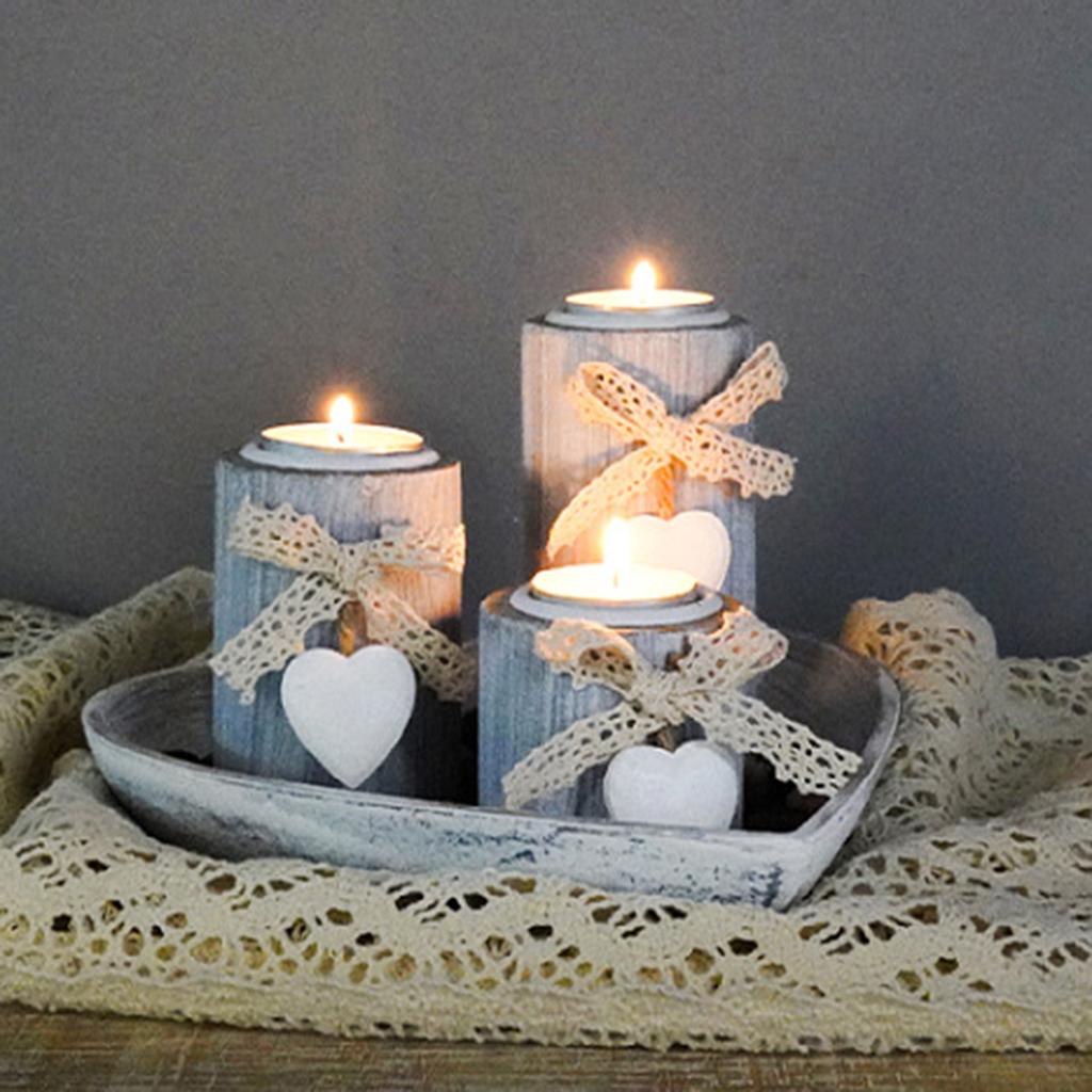 3Pcs Wood Candlestick Set Tealight Candle Holders with Romantics Heart Designs Tray and Bows Decoration for Centerpieces