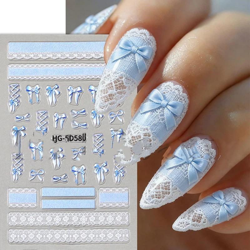 5D Ballet Bow Lace Embossing Self Adhesive Nail Art Stickers Shiny Charming Manicure Decals Nail Supplies