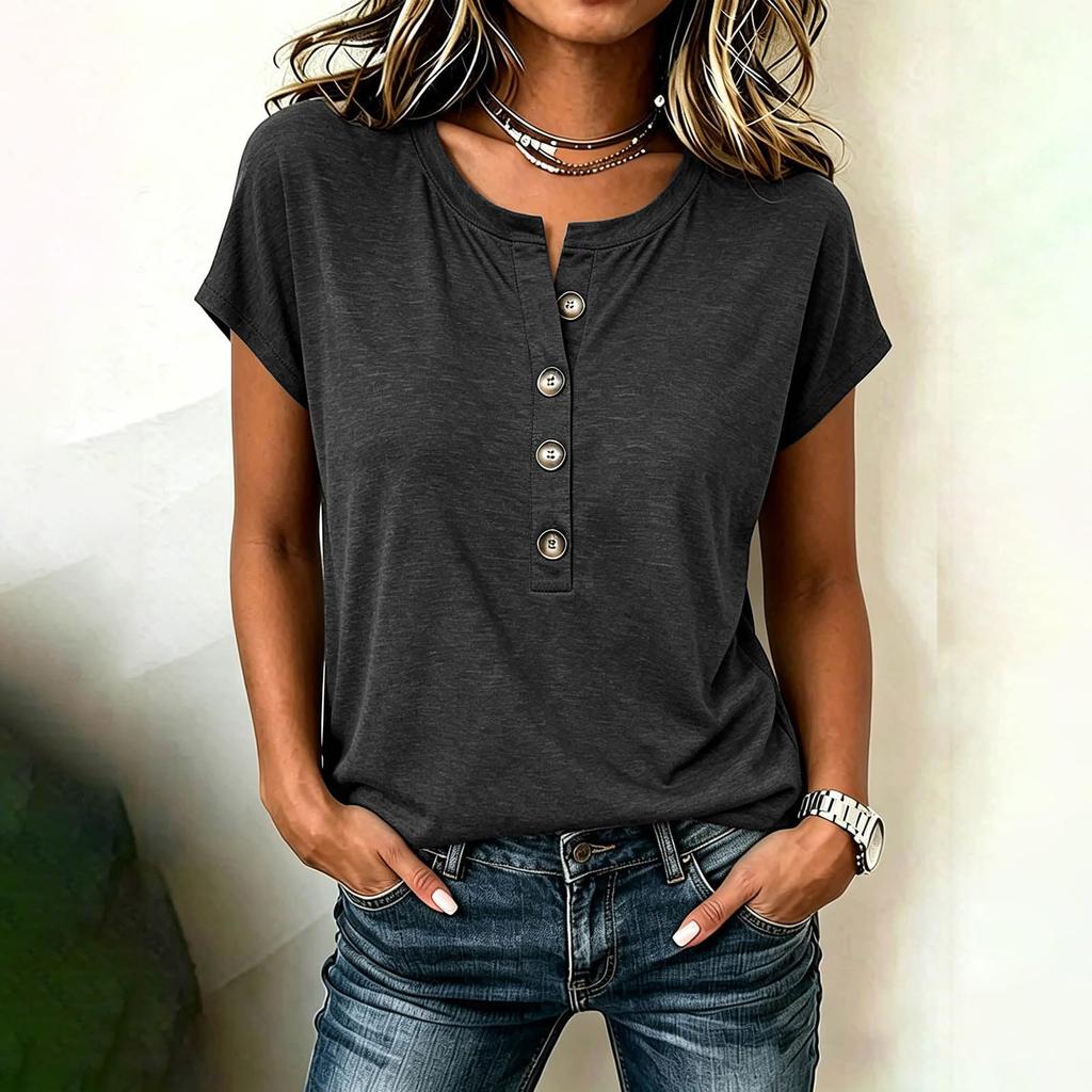 Women's Casual V Neck Button Down Short Sleeve Top Lightweight Soft Fabric Relaxed Fit Blouse Suitable for Daily Wear and Outdoor Activities