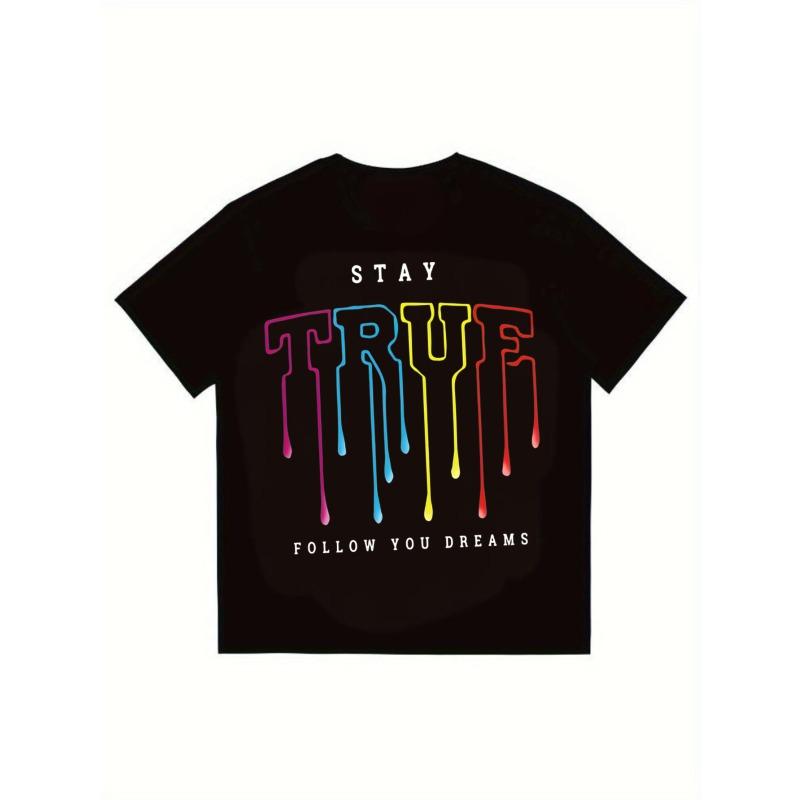 His-and-hers Matching T-shirt Men's Black T-Shirt Stay True Rainbow Drip Print Follow Your Dreams Casual Streetwear Fashion Top for Daily Wear