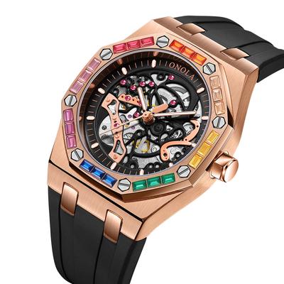 Mode Nieuw Regenboog Diamant Volledig Automatisch Mechanisch Horloge Heren Siliconen Band Waterdicht Horloge