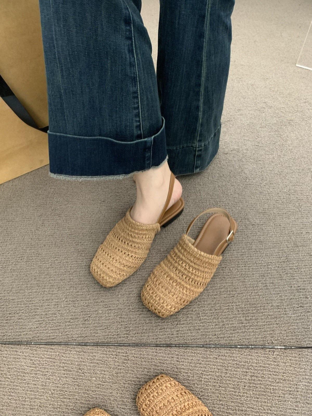 

Льняные тканые дышащие пустые мешки голова полутапочки женские 2025 новые сандалии на плоской подошве 40 коричневый