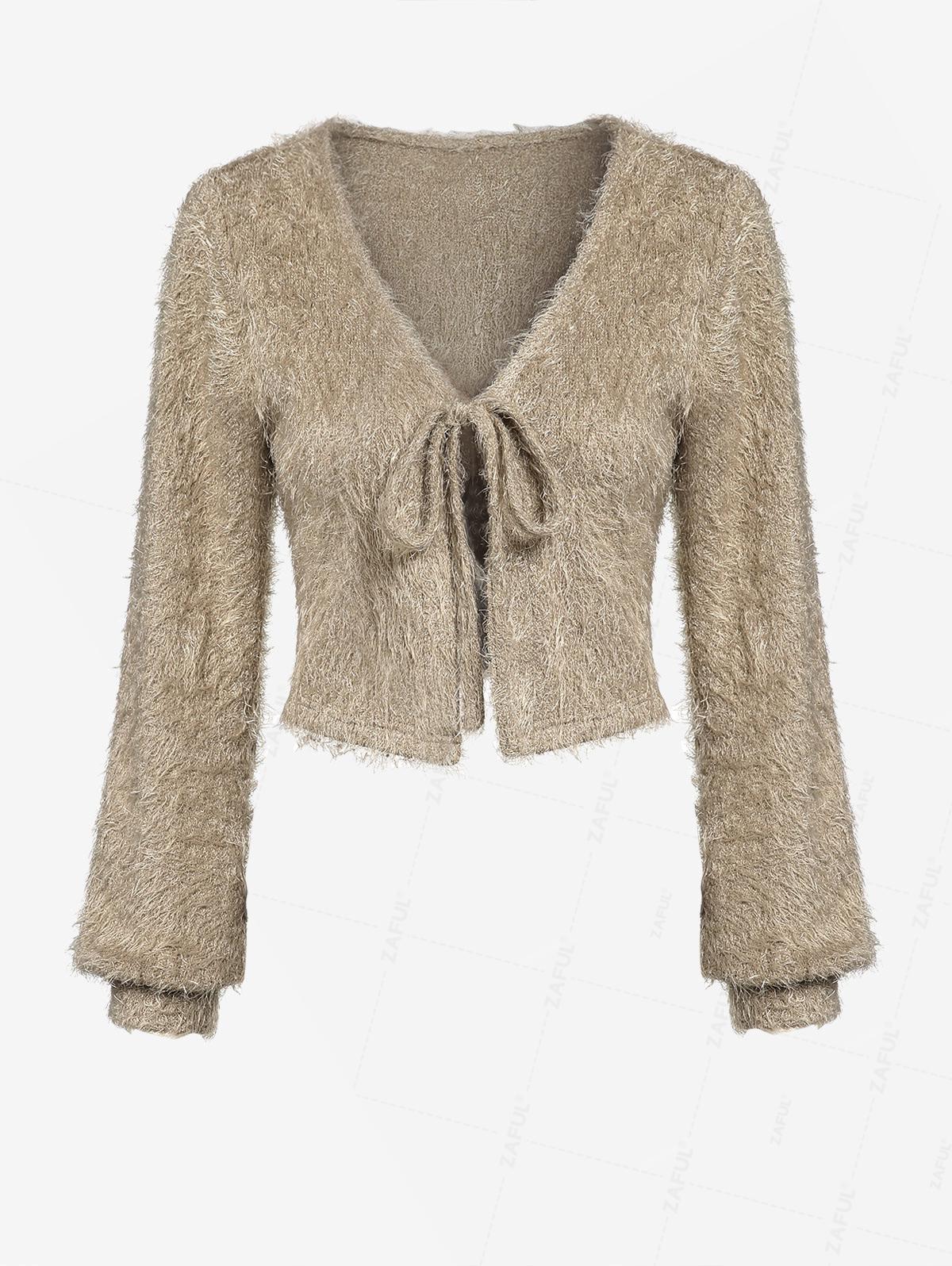 

ZAFUL Women s Sexy Solid Color Mohair Fuzzy V Neck Tie Front Lantern Sleeve Slit Front Flyaway Design Crop Cardigan