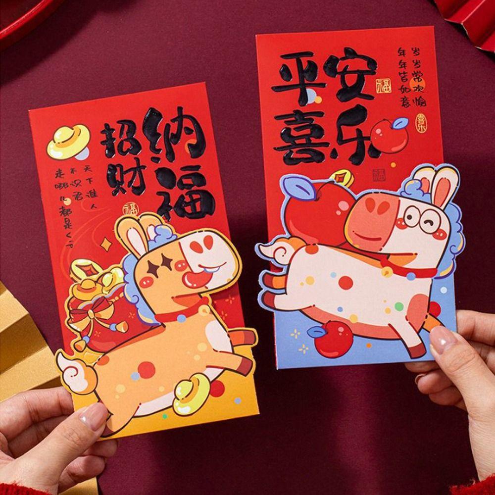 6pcs Cartoon New Year Red Envelopes Traditional Hongbao Spring Festival Red Packets 2026 Horse Year Blessing Words Red Bag