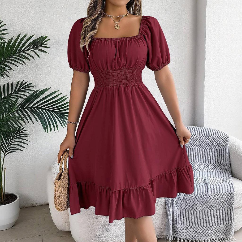 Women's Fashionable Retro Color Square Collar Fungus Hem Waist A-line Long Skirt Short-sleeved Dress