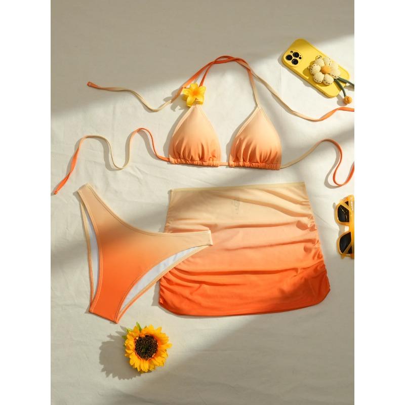 Gradient Color Sexy Bikini Set Women Halter Push Up Bra Skirt 3 Piece Swimsuit Bathing Suit Cover Up Swimwear Biquini