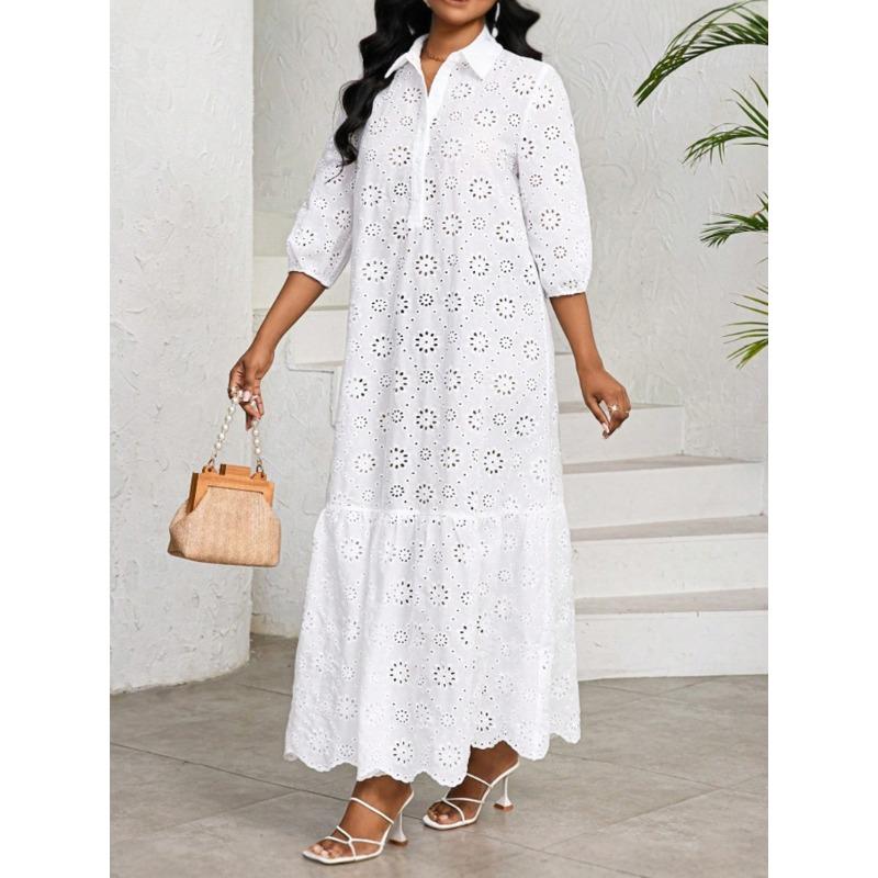 Einfarbiges Sieben-Viertel-Ärmel Lockeres Hemdkragen Hohlspitze Temperament Kleid