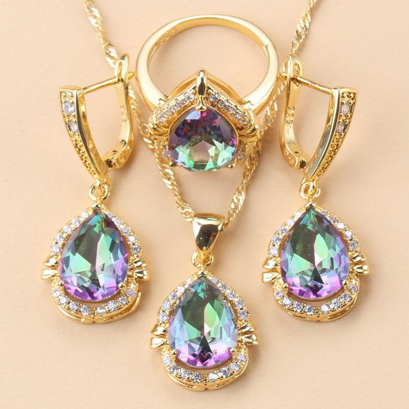 Brazilian  Gold Plated Chunky Jewelry Sets For Women Water Drop African Costume 12-Color Colorful Zircon Choker Necklace Set